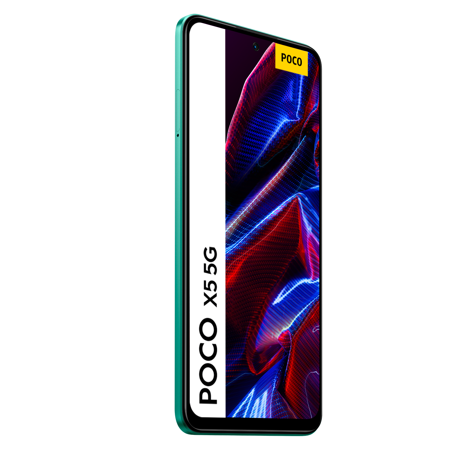 Teléfono verde con pantalla. El texto POCO X5 5G está en la pantalla blanca.