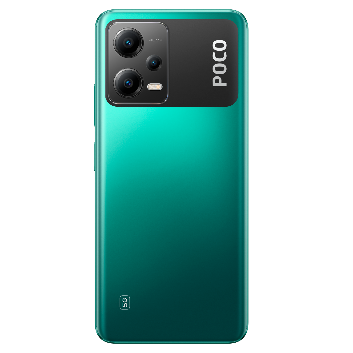 Teléfono verde con triple cámara y logotipo POCO en la parte trasera.