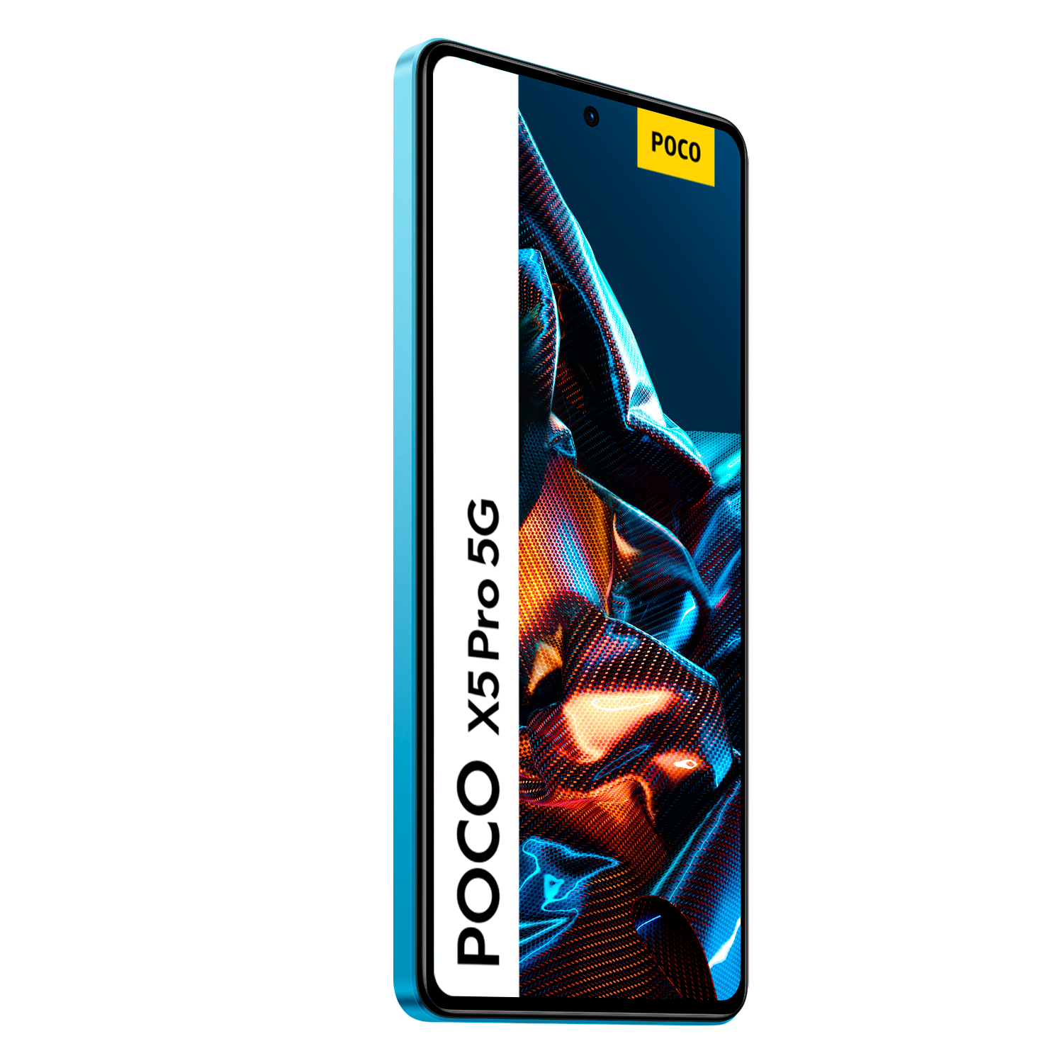 Un teléfono POCO X5 Pro 5G, marco azul, pantalla negra con gráficos abstractos, sobre fondo negro.