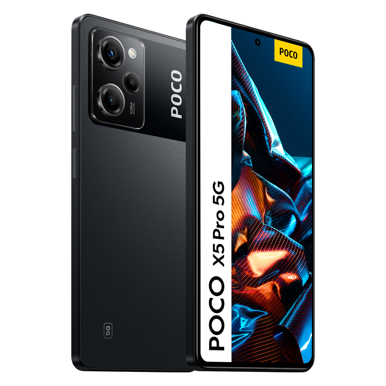 Dos teléfonos negros con logo POCO sobre negro.