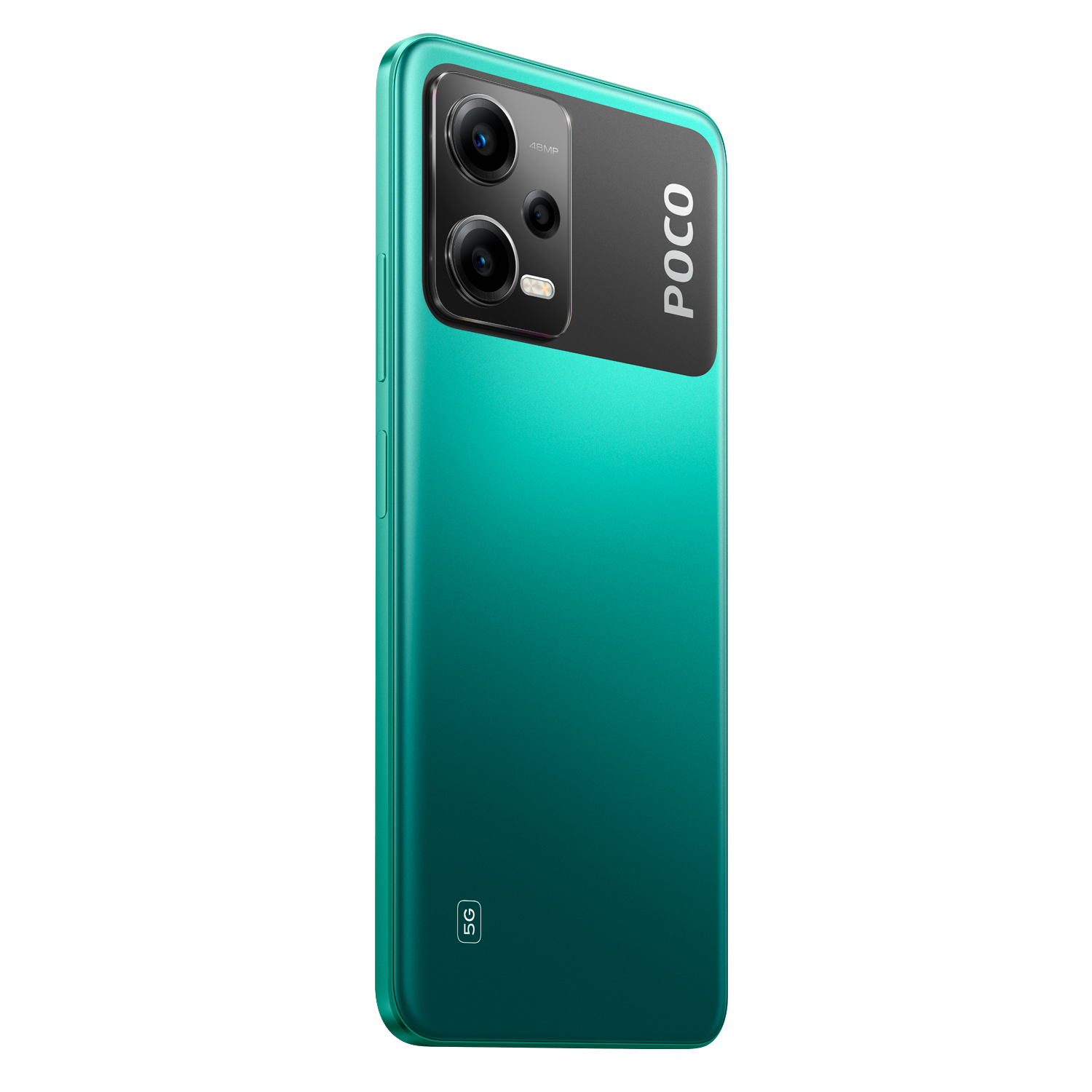Un teléfono verde con una franja negra y el logo POCO sobre fondo negro.