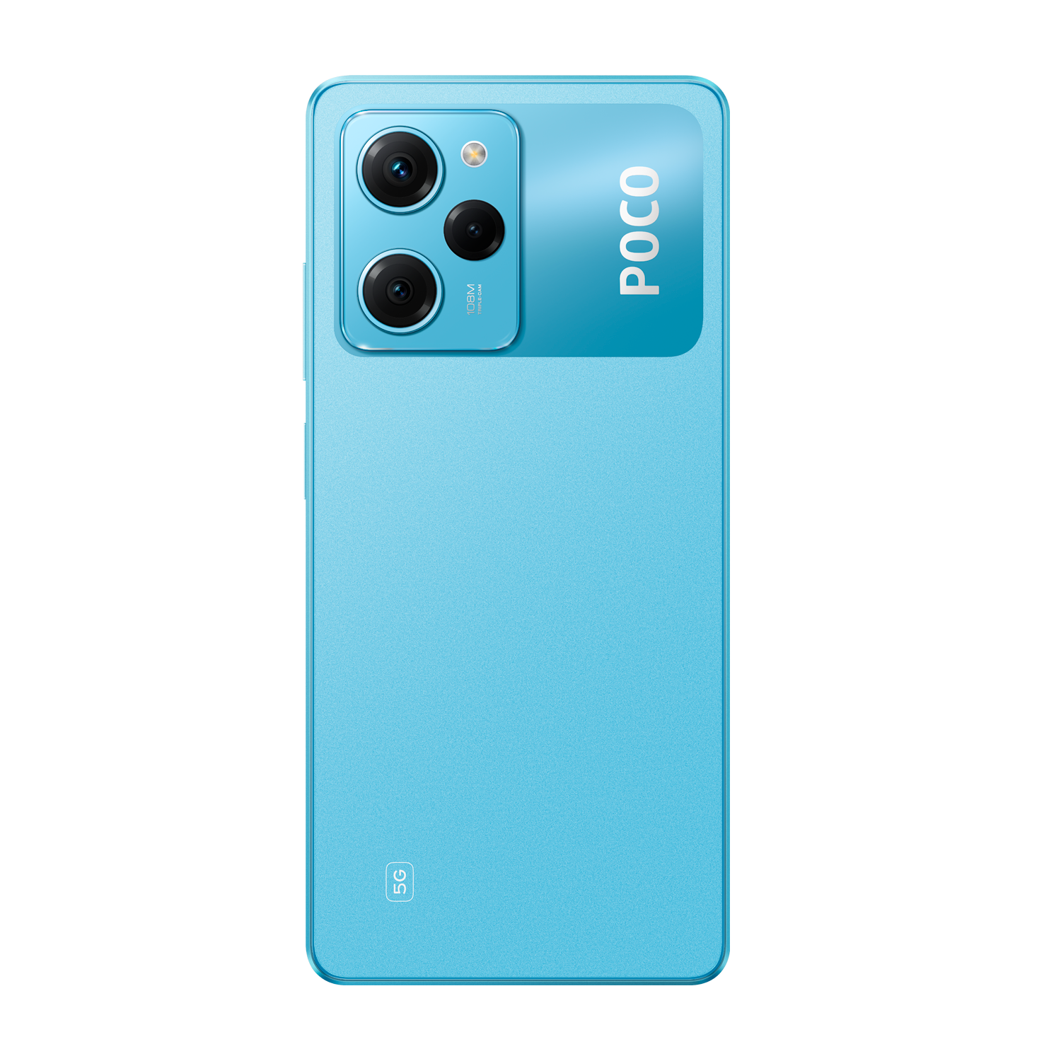 Parte trasera de un teléfono inteligente azul claro con tres cámaras y el logotipo de POCO.