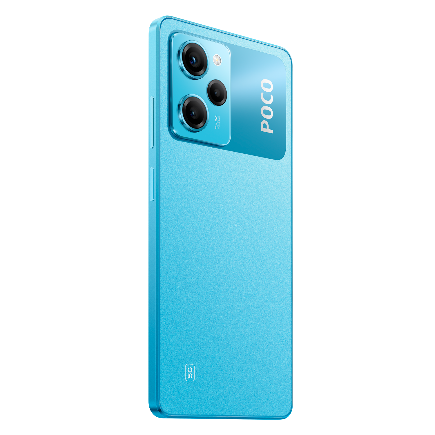 Smartphone azul con tres cámaras y la palabra POCO. Colores: azul, negro, blanco.