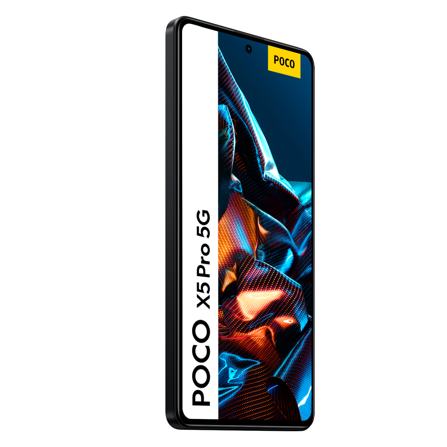 Un smartphone POCO X5 Pro 5G en una funda negra con una franja blanca y el logotipo de POCO.
