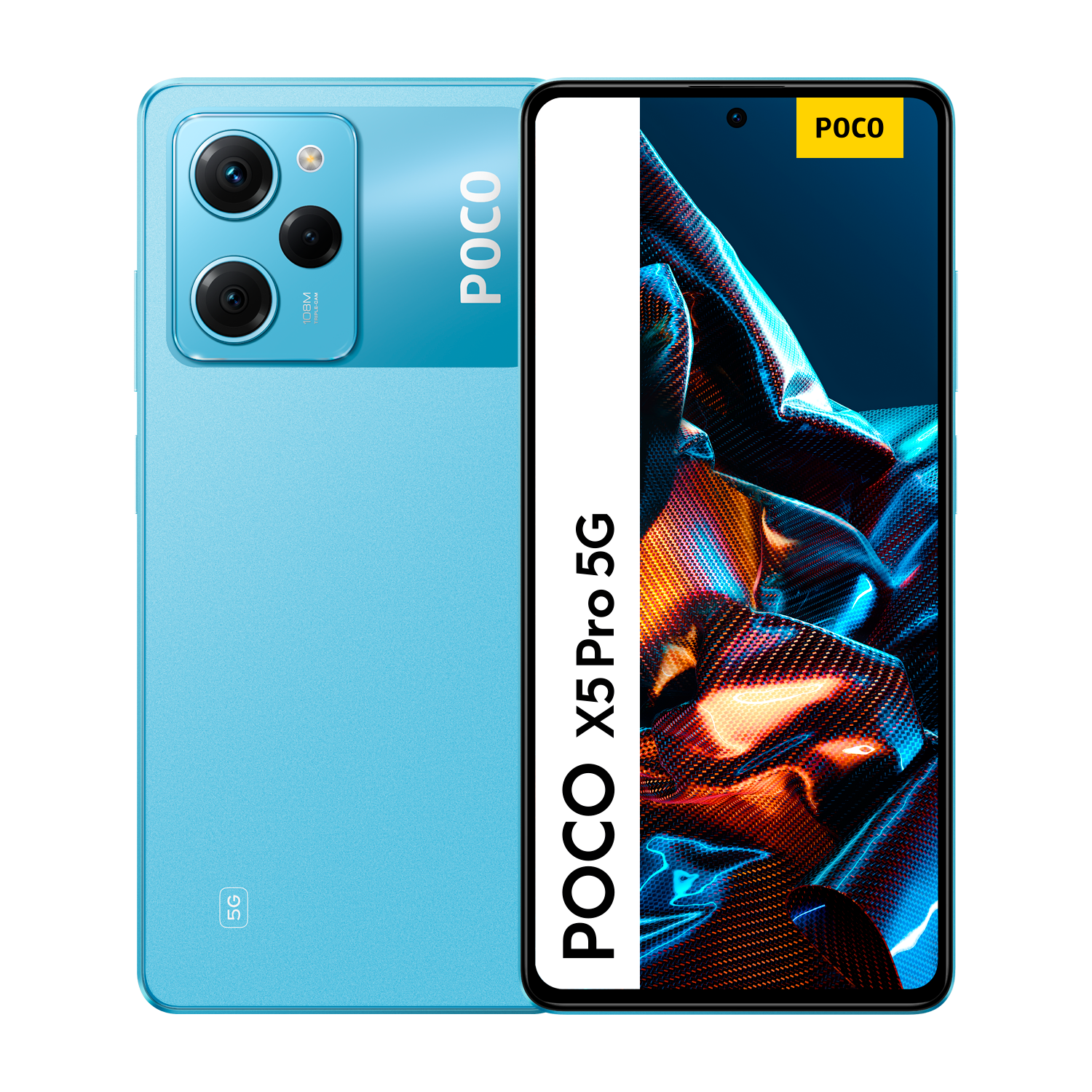 Teléfono azul Poco X5 Pro 5G. El teléfono tiene una pantalla negra y un módulo de cámara con tres lentes.