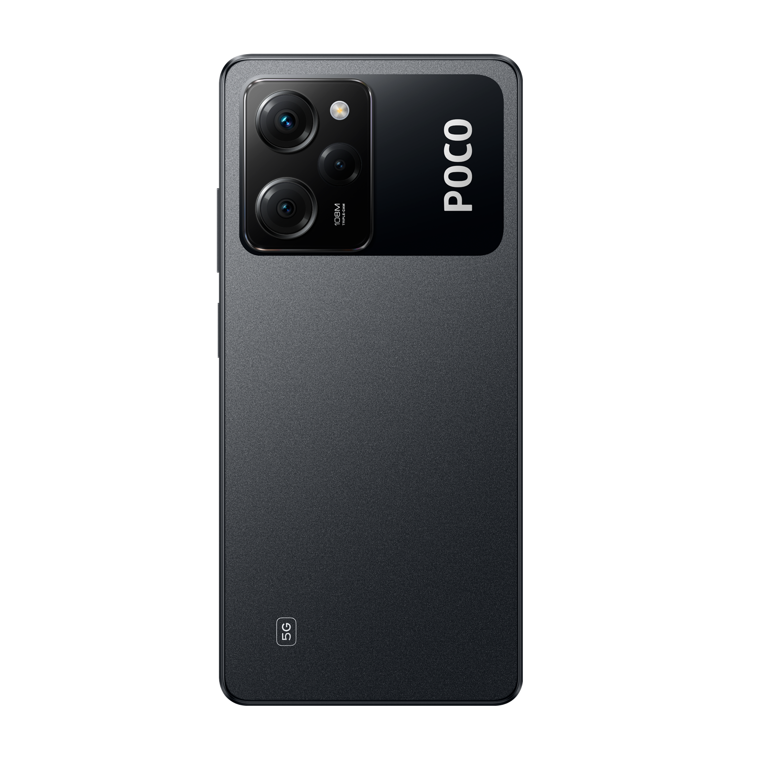 Smartphone negro sobre fondo negro con lentes de cámara y logo POCO.