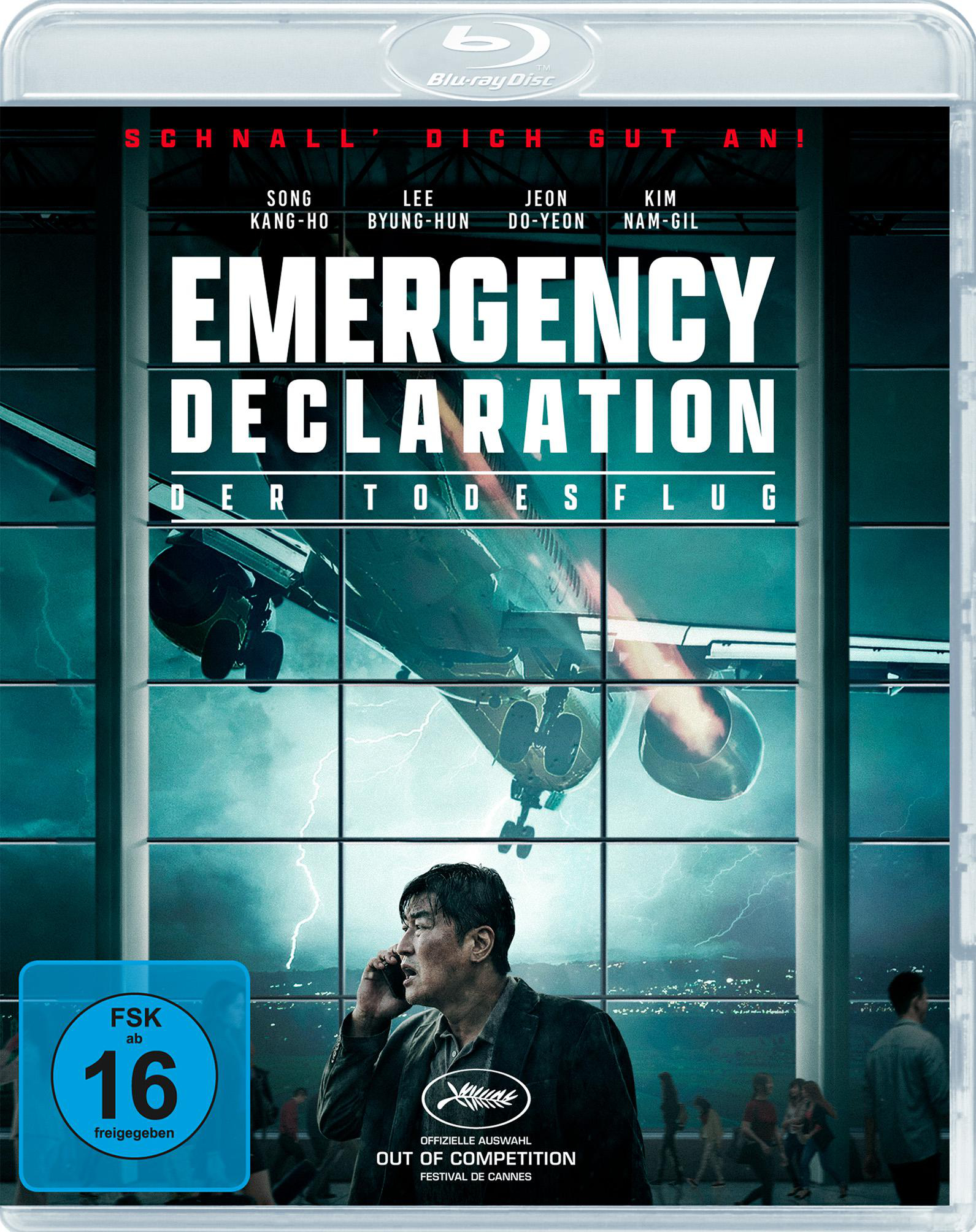 Blu-ray-Cover für 'Emergency Declaration'. Absturzszene mit Schauspielern und Titel.