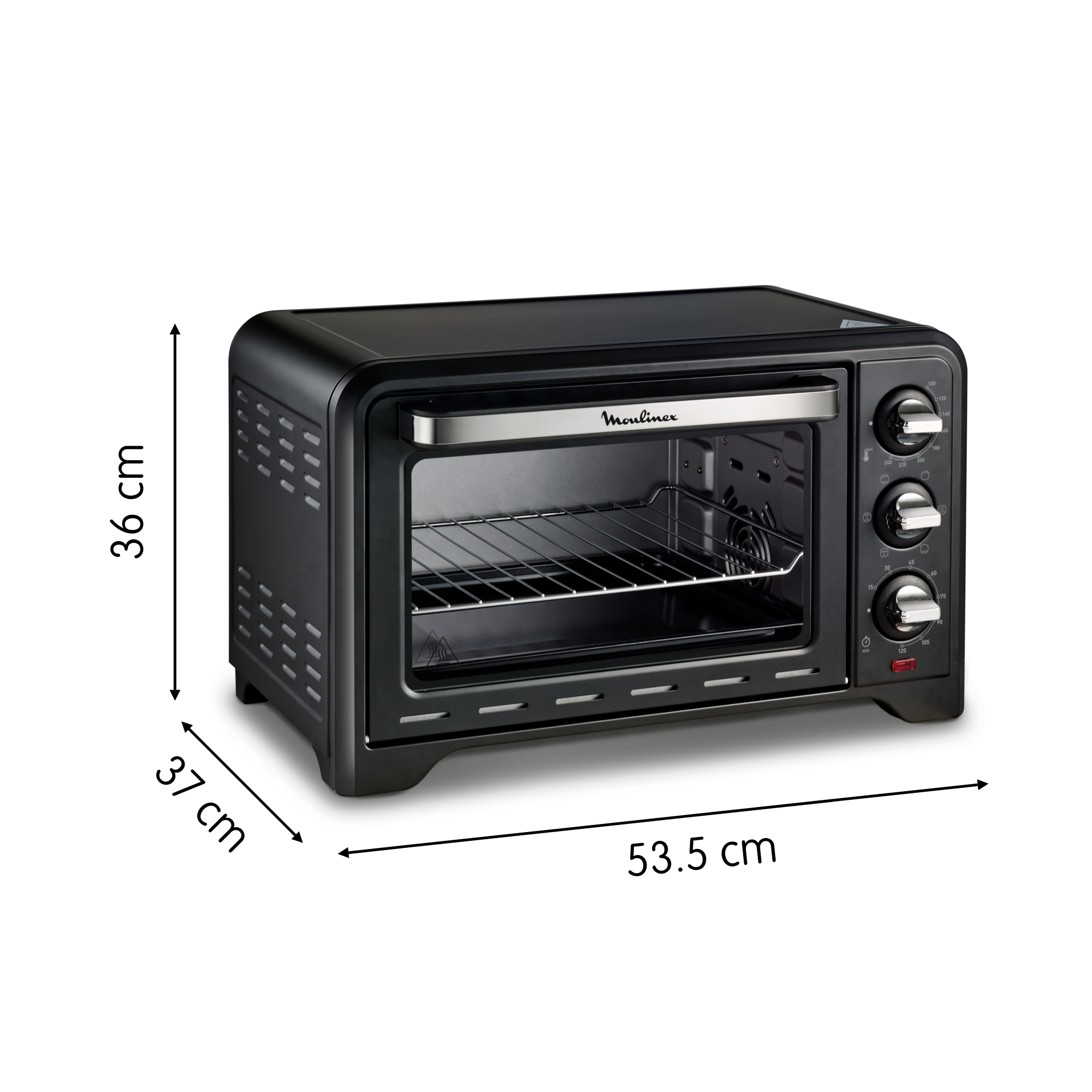 Horno negro Moulinex con dimensiones: 36cm alto, 37cm ancho, 53.5cm largo.