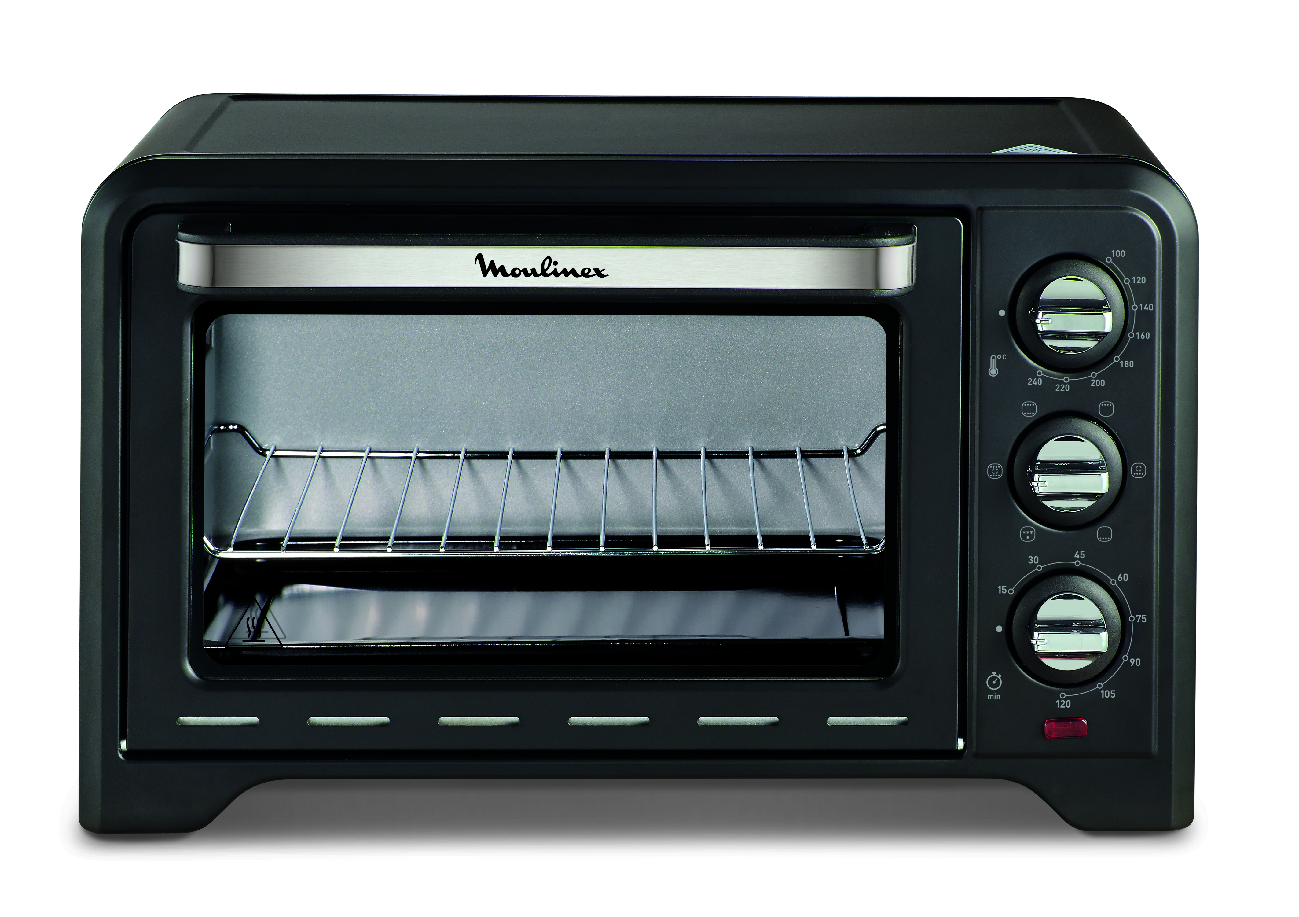 Horno tostador Moulinex negro. Tiene puerta de cristal, rejilla y tres mandos. Banda plateada en la parte superior con la marca.