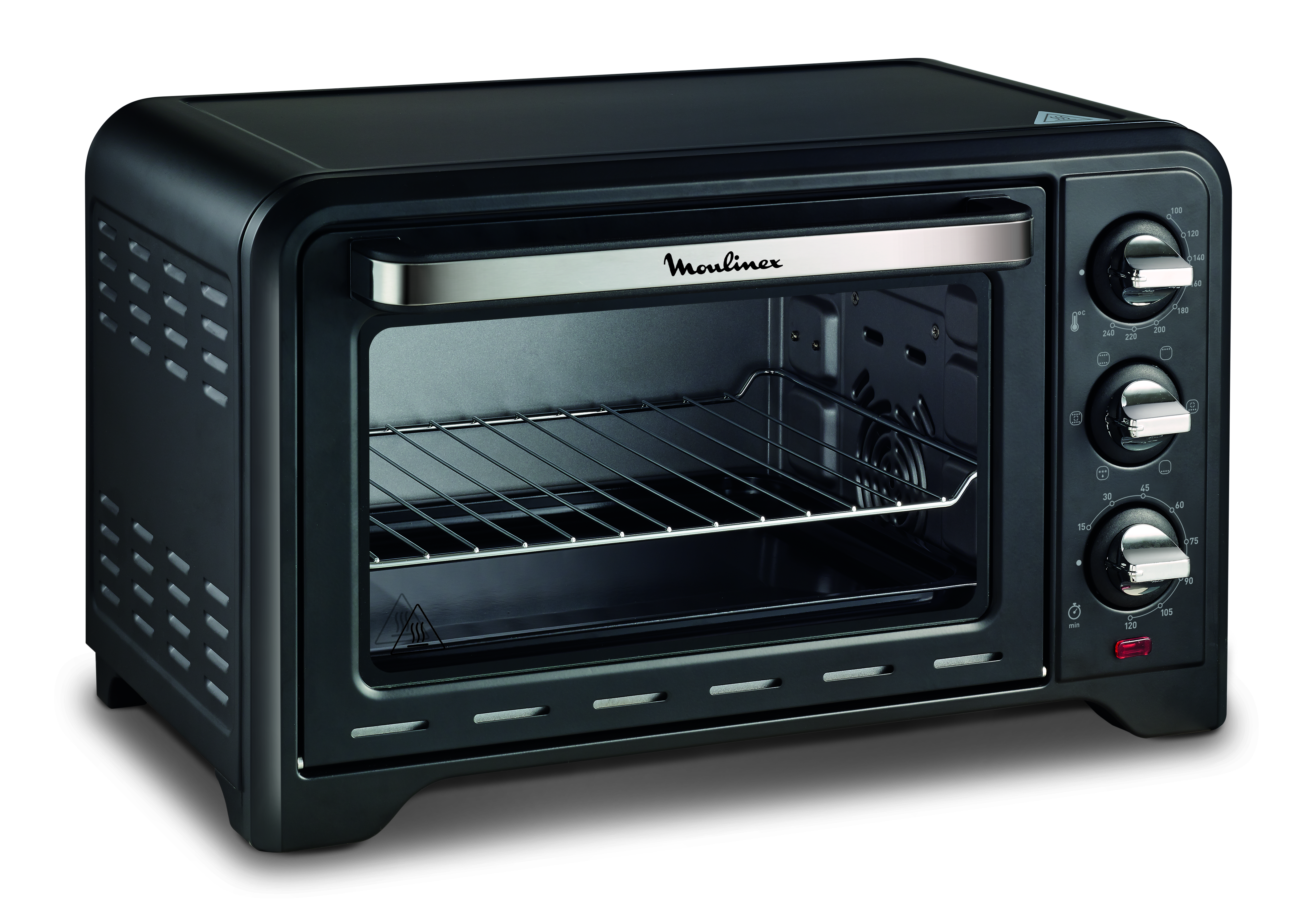 Un horno tostador Moulinex negro está sobre una superficie blanca. Tiene controles a la derecha y una rejilla interior.