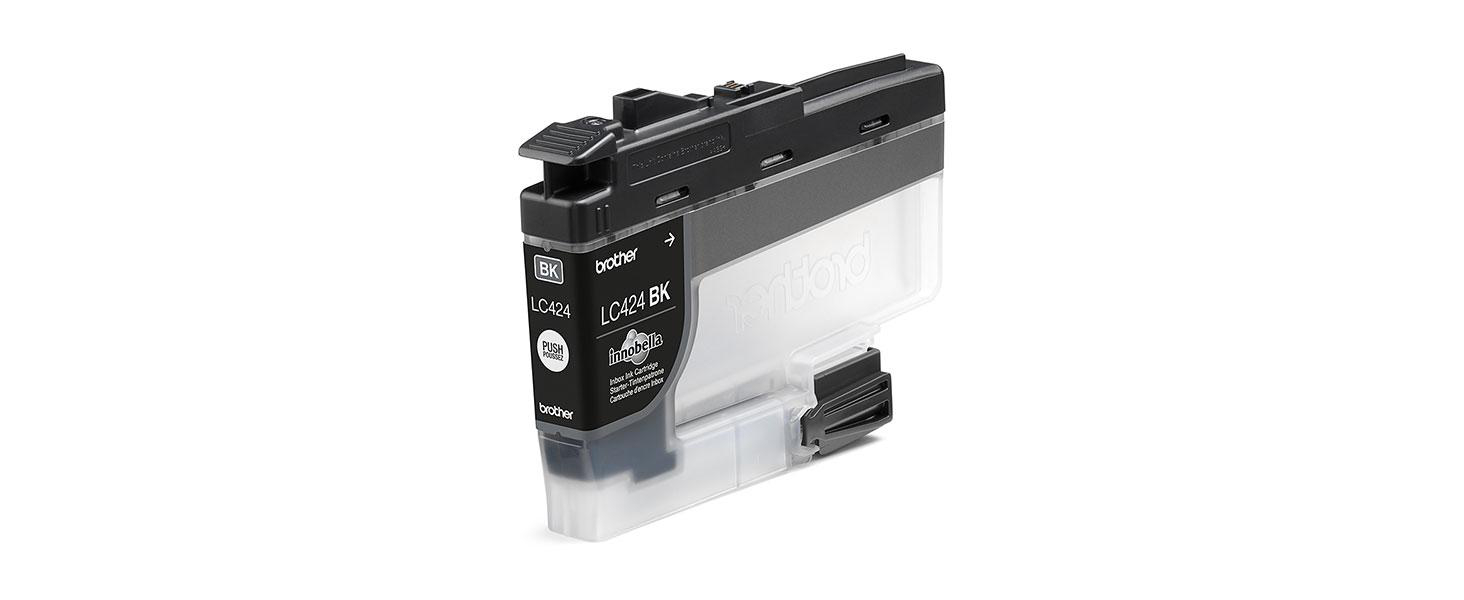 Schwarze und transparente Brother-Tintenpatrone. Auf dem Etikett steht LC424 BK. Plastikpatrone für einen Drucker.