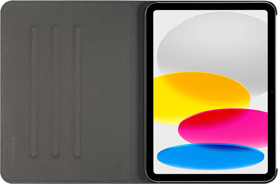 An open tablet case with a tablet displaying a colorful background.