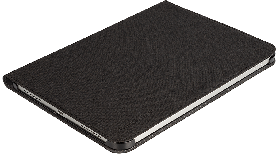 A closed black tablet case on a white surface.