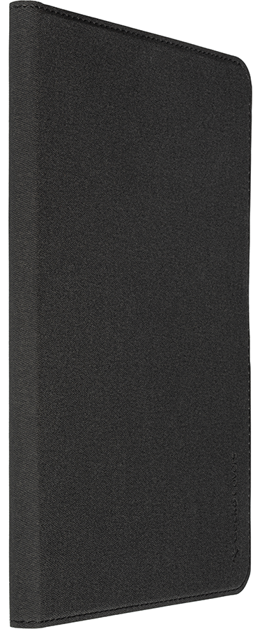 Black, rectangular phone case made of textured fabric, with a subtle logo at the bottom.