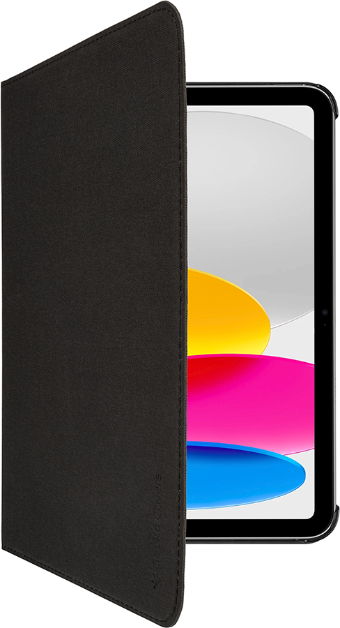 Black iPad case open, exposing the iPad with colorful display.