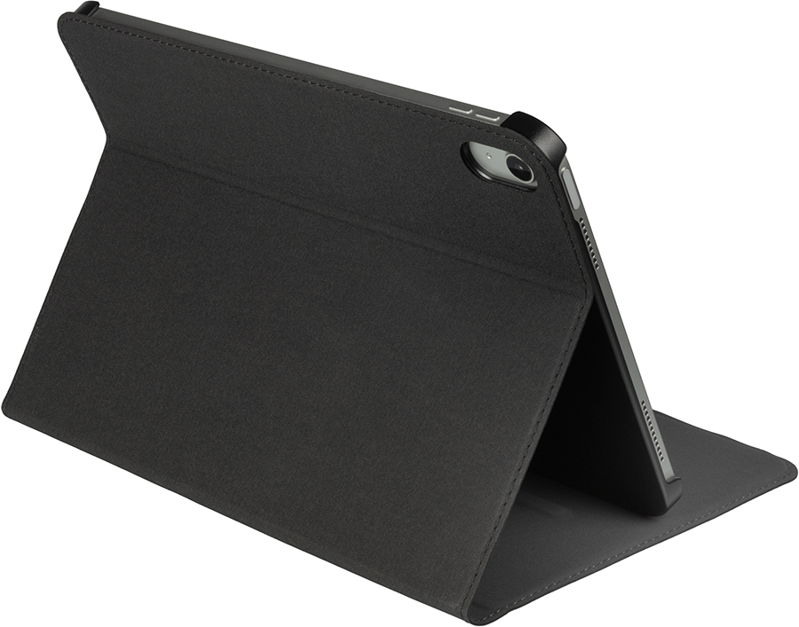 Black tablet case, folded. Tablet inside, standing. Black cover, gray interior.
