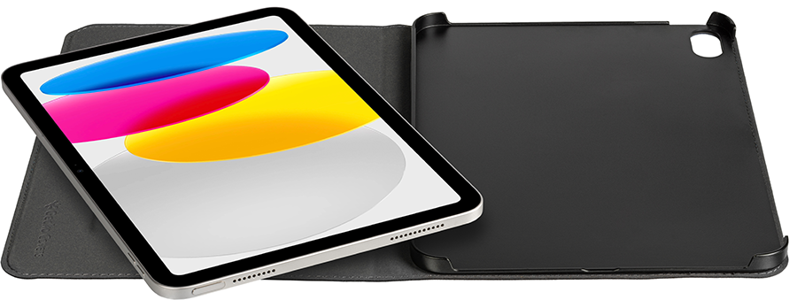 An iPad with a colorful screen is on a gray case, next to an open black case.