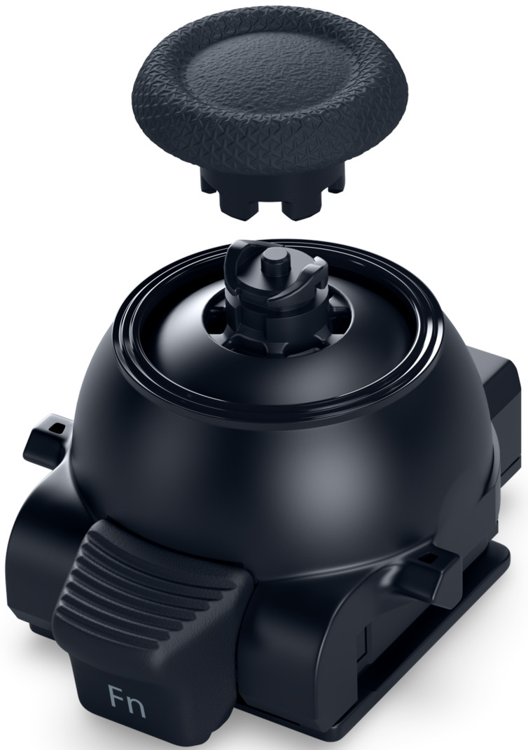 Gros plan sur un joystick de manette de jeu noir. Le capuchon du joystick est détaché, montrant les composants internes et un bouton 'Fn'.