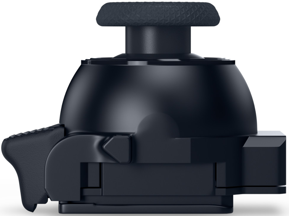 Gros plan sur une commande de joystick bleu foncé avec un dessus texturé et un bouton latéral.