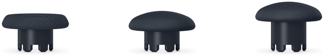 Trois joysticks noirs de manette. Différents designs. Fond blanc.
