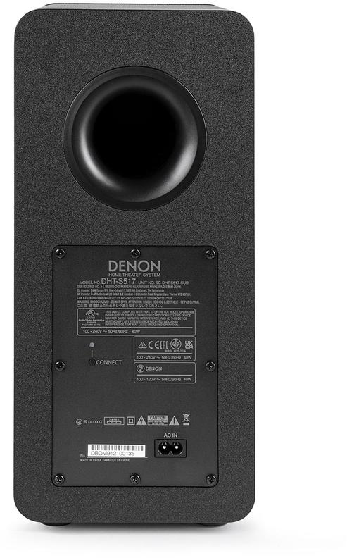 Fekete Denon soundbar hátlap. Modell, sorozatszám, teljesítményadatok és csatlakozók láthatók.