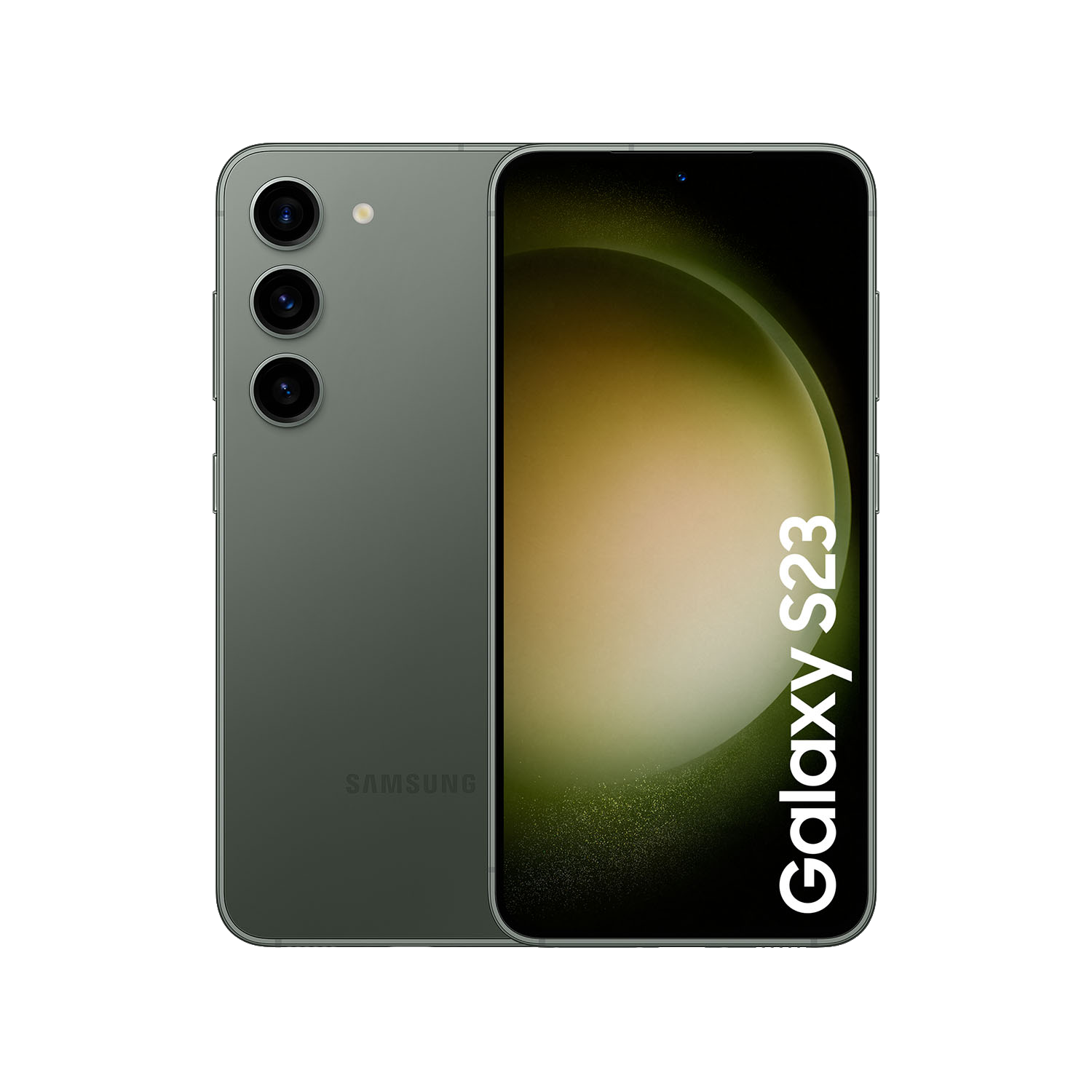 Teléfono Samsung Galaxy S23. Vista trasera muestra cámaras, vista frontal muestra pantalla.