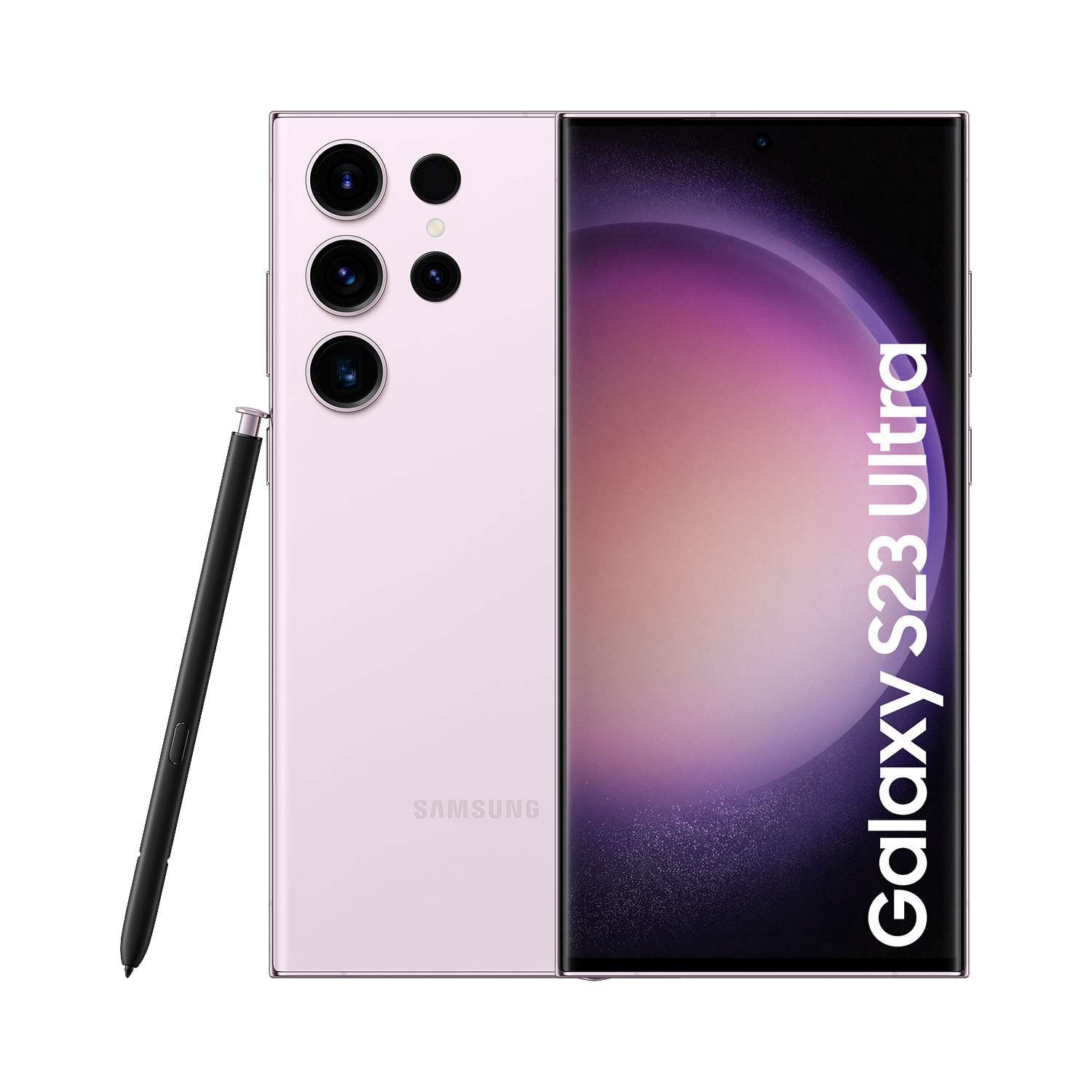 Vista frontal y trasera de un teléfono. El teléfono es de color rosa claro con un lápiz óptico.