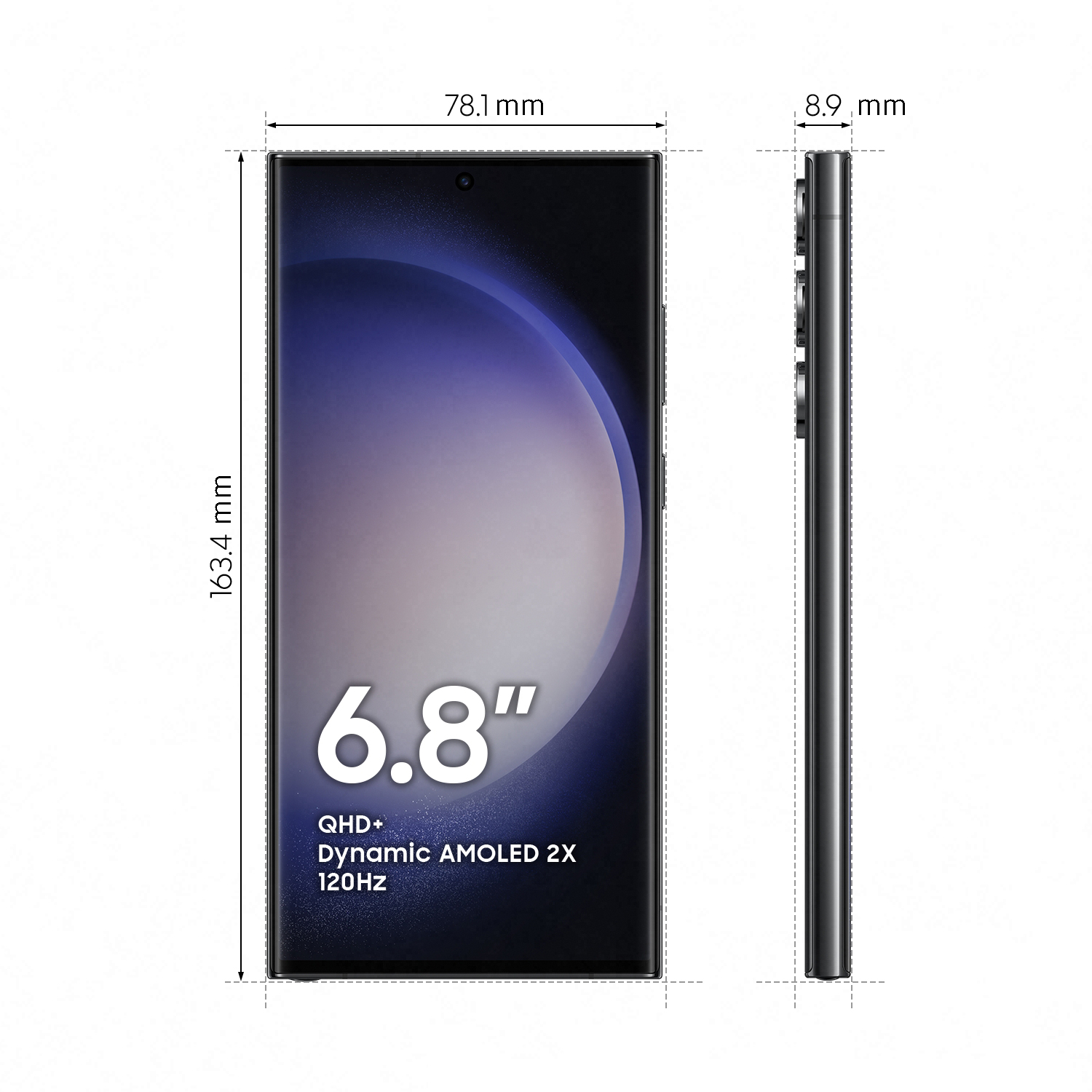 Smartphone negro, vista frontal y lateral, con dimensiones superpuestas.