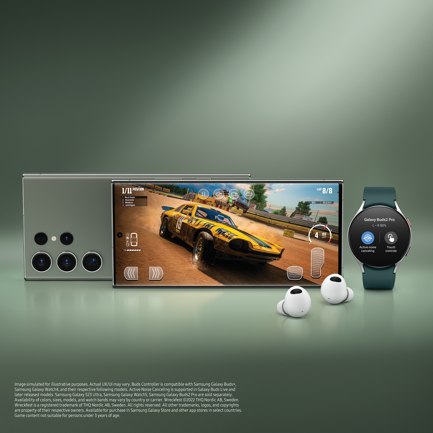 Un teléfono, auriculares y un reloj en una superficie. Una pantalla muestra un juego de carreras. Texto y logo presentes.