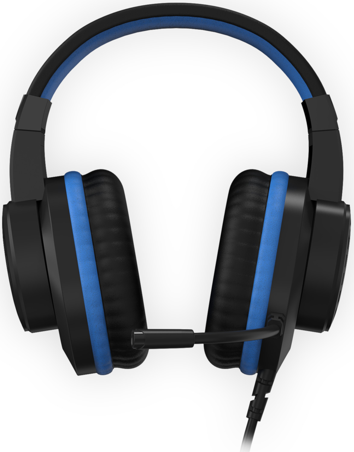 Black and blue gaming headset, with a microphone attached to the left ear cup.