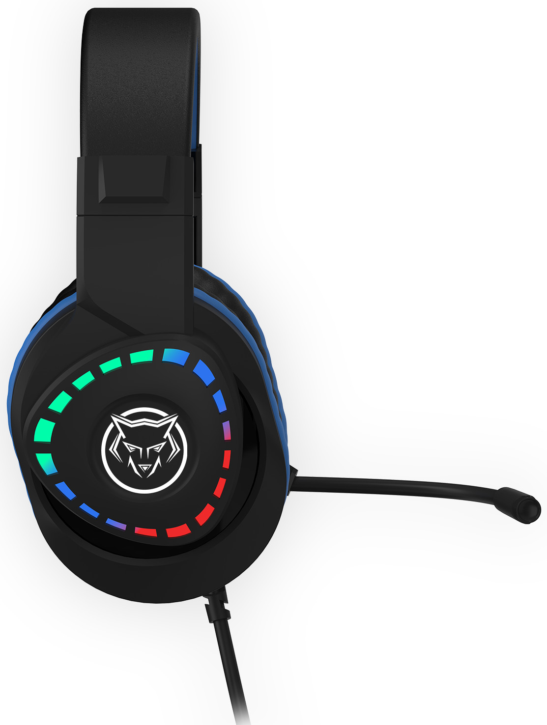 Black and blue gaming headset with a microphone, white background.