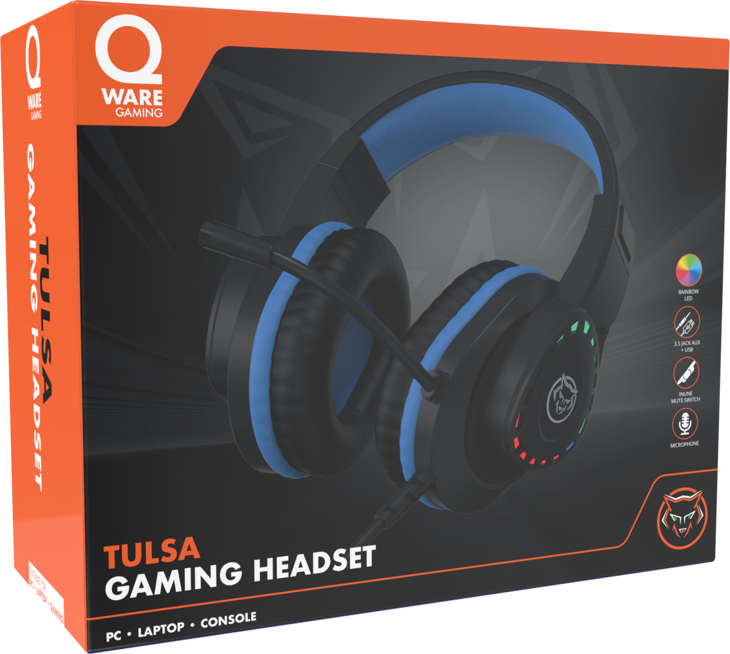 A gaming headset box, red and blue with the name 'TULSA' and features listed.