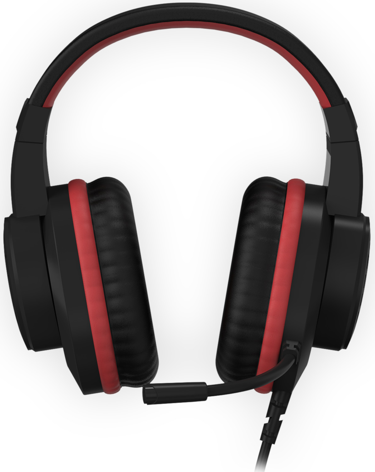 Black and red headphones with a mic, seen from above.