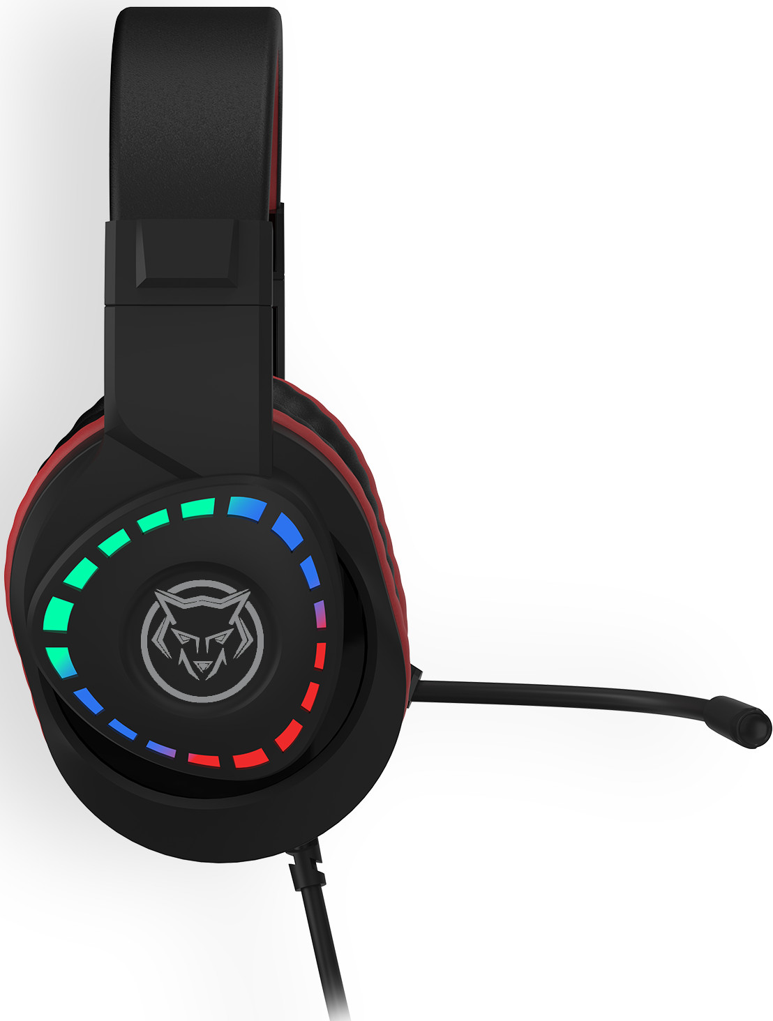 Black and red gaming headset with a microphone. It has LED lights and a wolf logo.