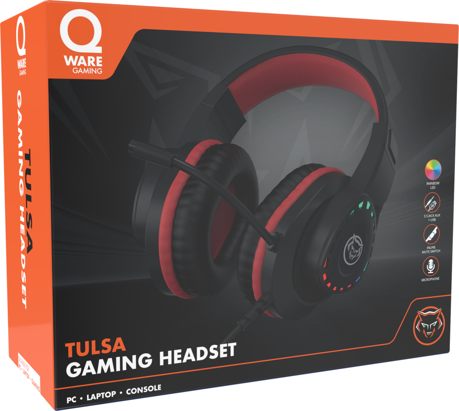 Gaming headset box, red and black, with headset image and text.