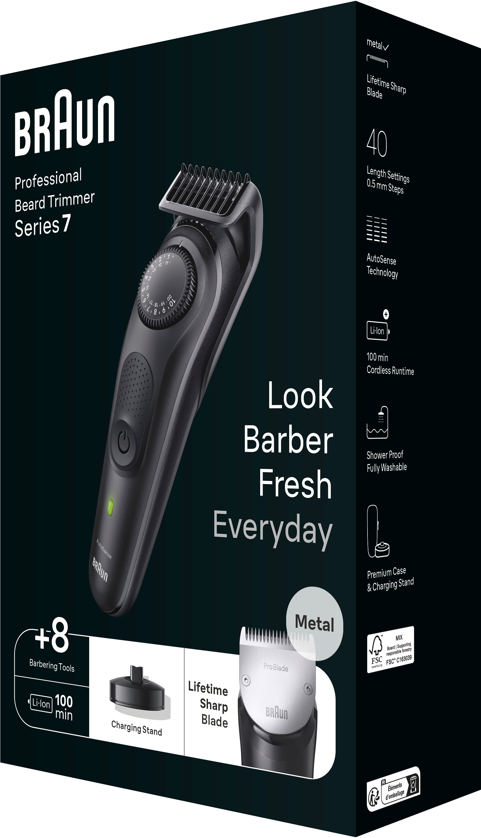 Tagliabarba Braun nero e grigio nella sua confezione, con testo.