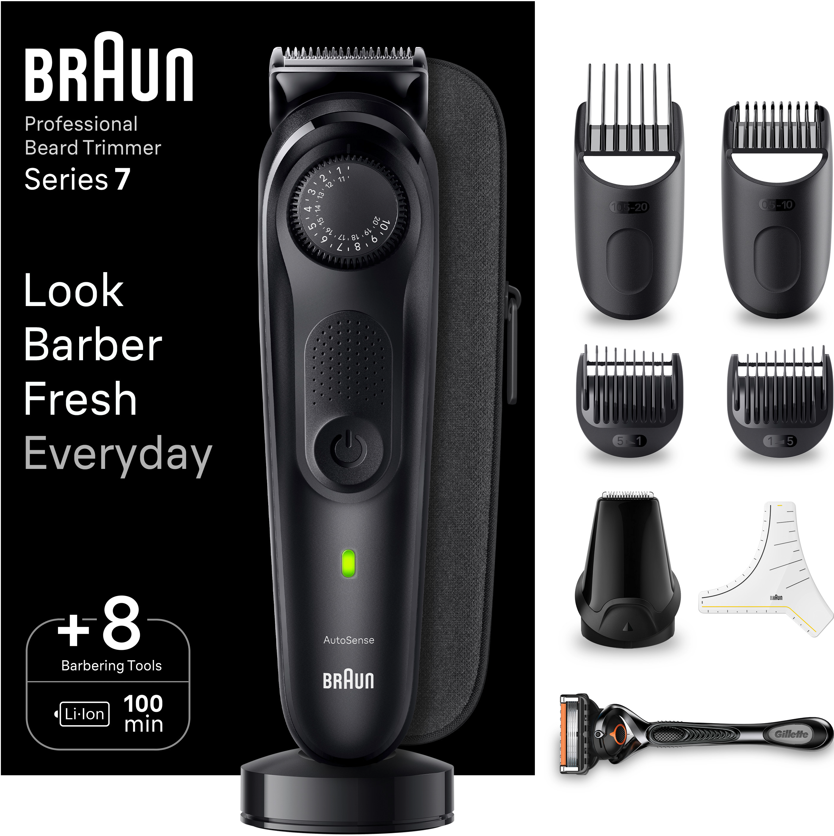 Un tagliabarba Braun nero con accessori, una base di ricarica e un rasoio Gillette.