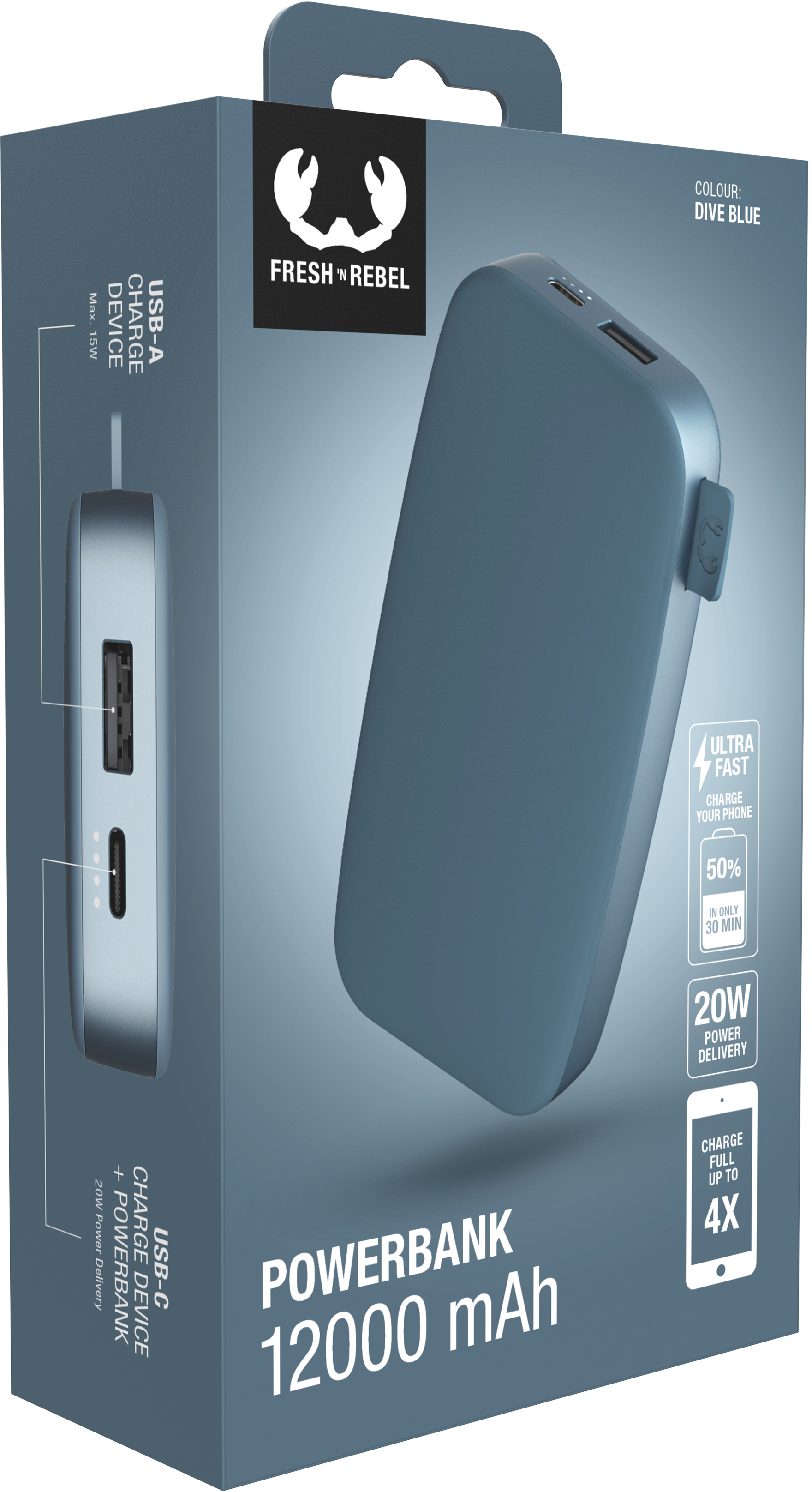 Eine blaue Fresh 'n Rebel Powerbank-Box. Die Box zeigt eine Powerbank, Produktdetails und Branding.