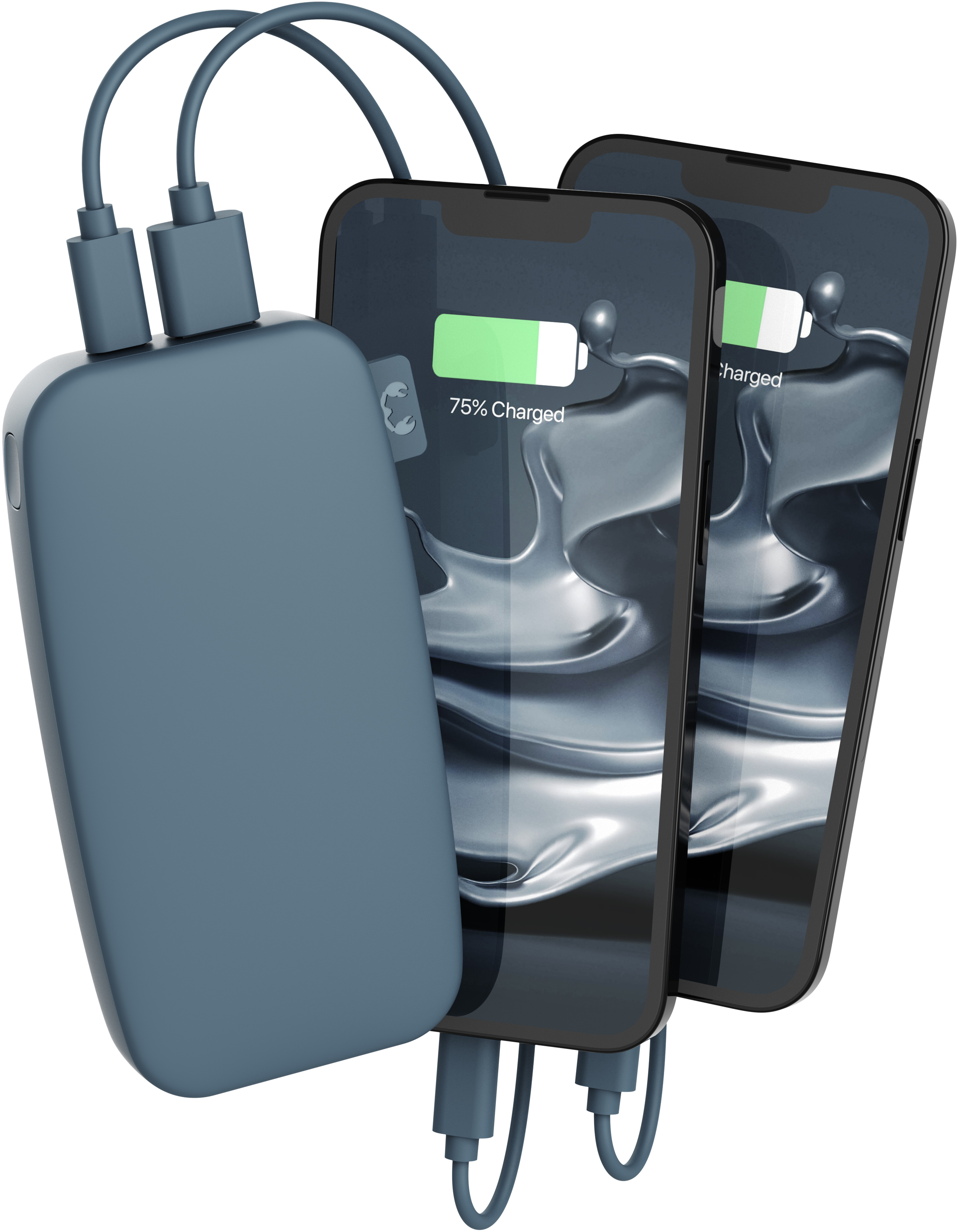 Zwei Telefone werden über eine blaue Powerbank aufgeladen. Die Bildschirme zeigen den Ladestatus an. Kabel verbinden die Geräte.
