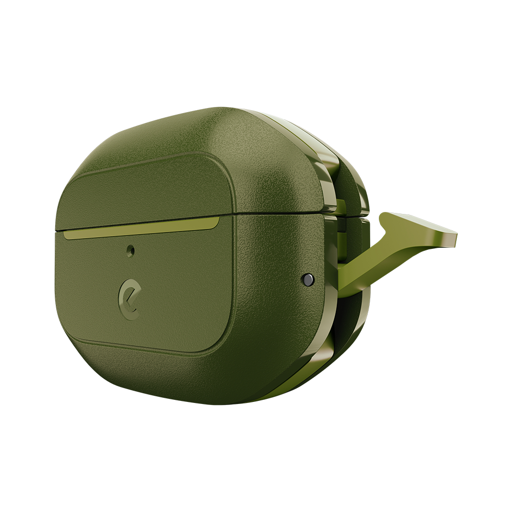 Grünes AirPods-Etui mit Clip.