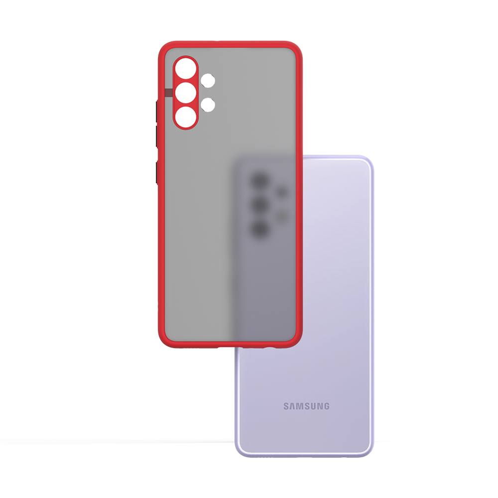 Átlátszó telefontok egy lila telefonon. A tok piros kerettel rendelkezik.