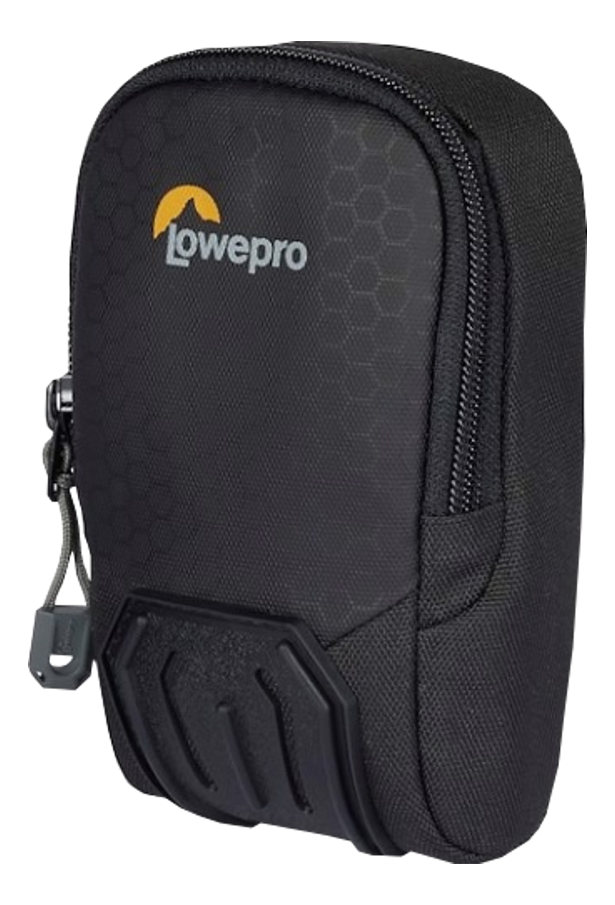 Una piccola borsa per fotocamera nera con il logo 'Lowepro' sul davanti.