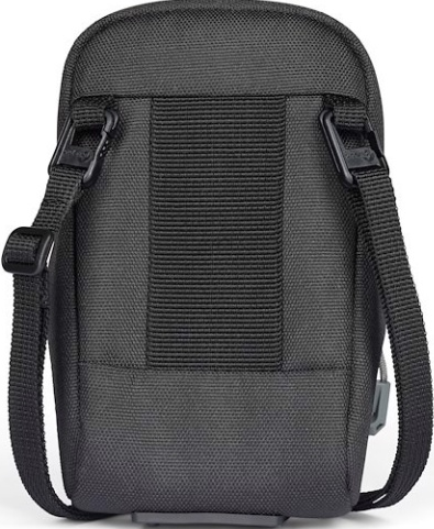 Borsa fotocamera nera, tracolla e fibbie regolabili.