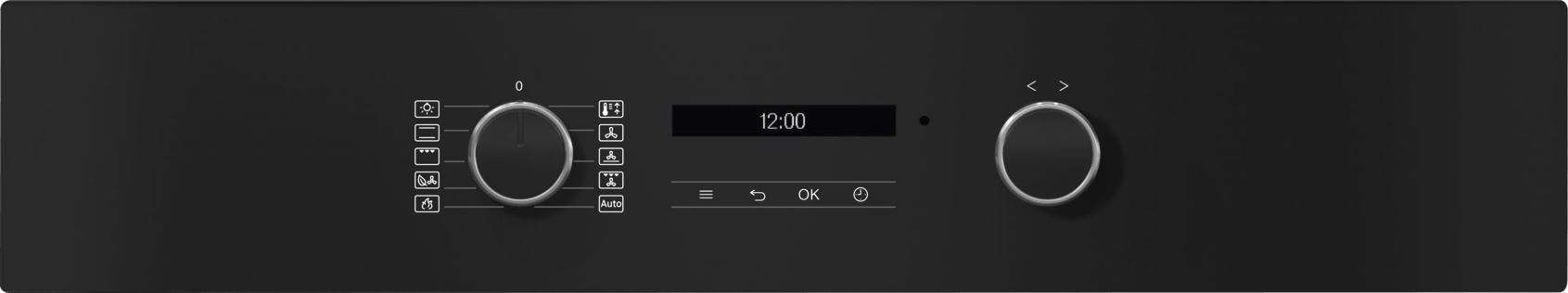 Schwarzes Backofen-Bedienfeld mit Display.