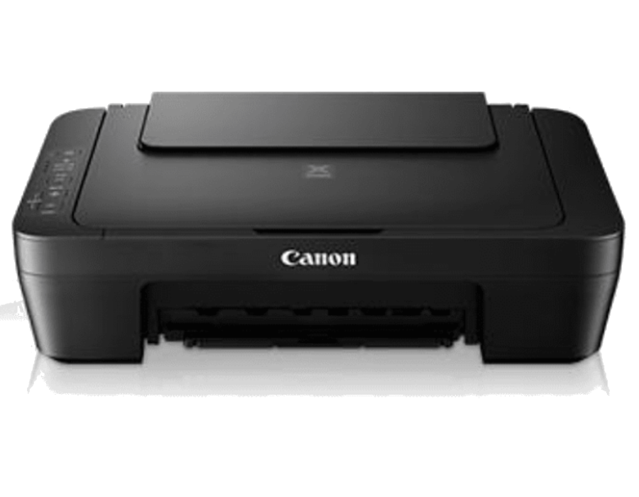 Siyah Canon yazıcı. Yazıcı, Canon logosunu gösteren beyaz bir yüzey üzerinde duruyor.