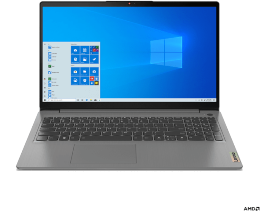 Beyaz bir masada açık Lenovo dizüstü bilgisayar. Windows 10 ekranı görülebilir. AMD logosu altta.