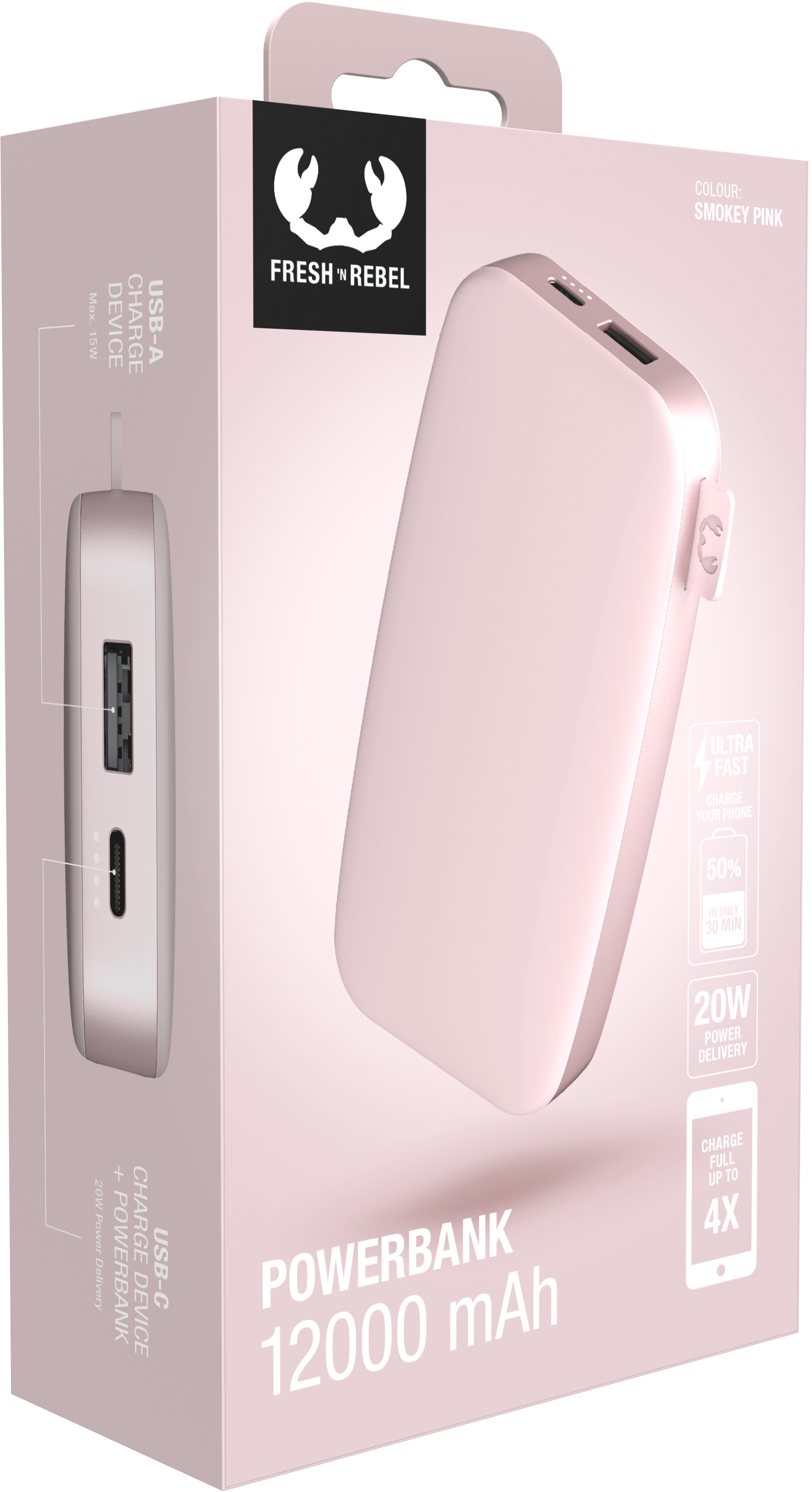 Eine Smokey Pink Powerbank-Box. Sie zeigt eine Powerbank mit USB-A- und USB-C-Anschlüssen und bietet 20W Stromversorgung.
