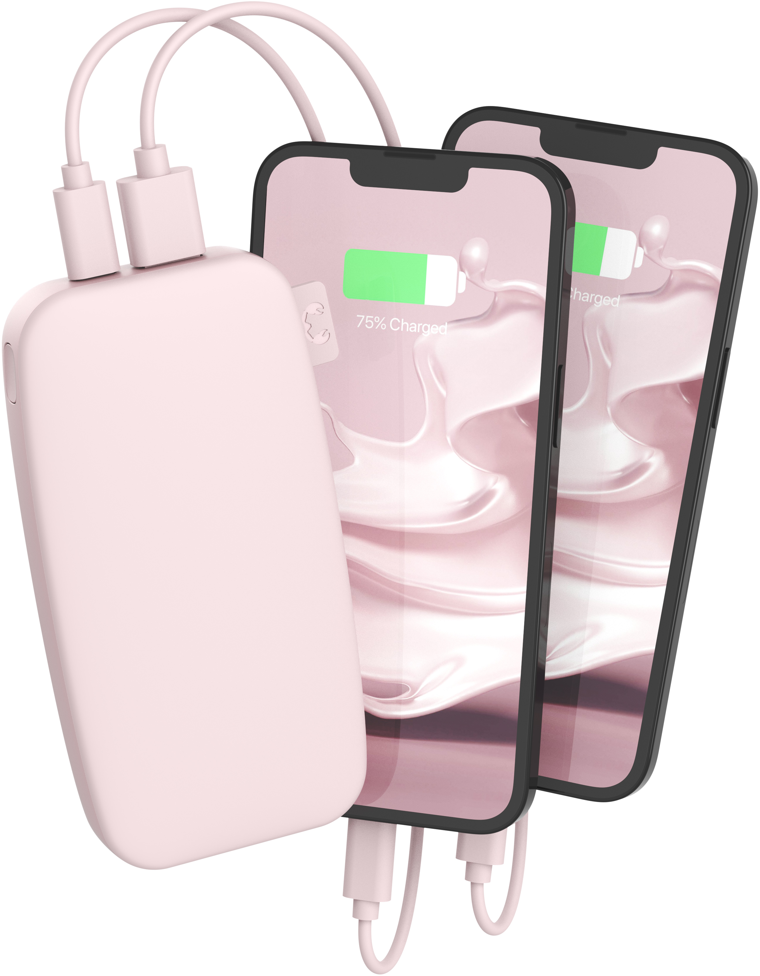 Rosa Powerbank lädt zwei Handys. Handys zeigen 75% geladen. Kabel verbinden Bank mit Handys, alles auf weißem Hintergrund.