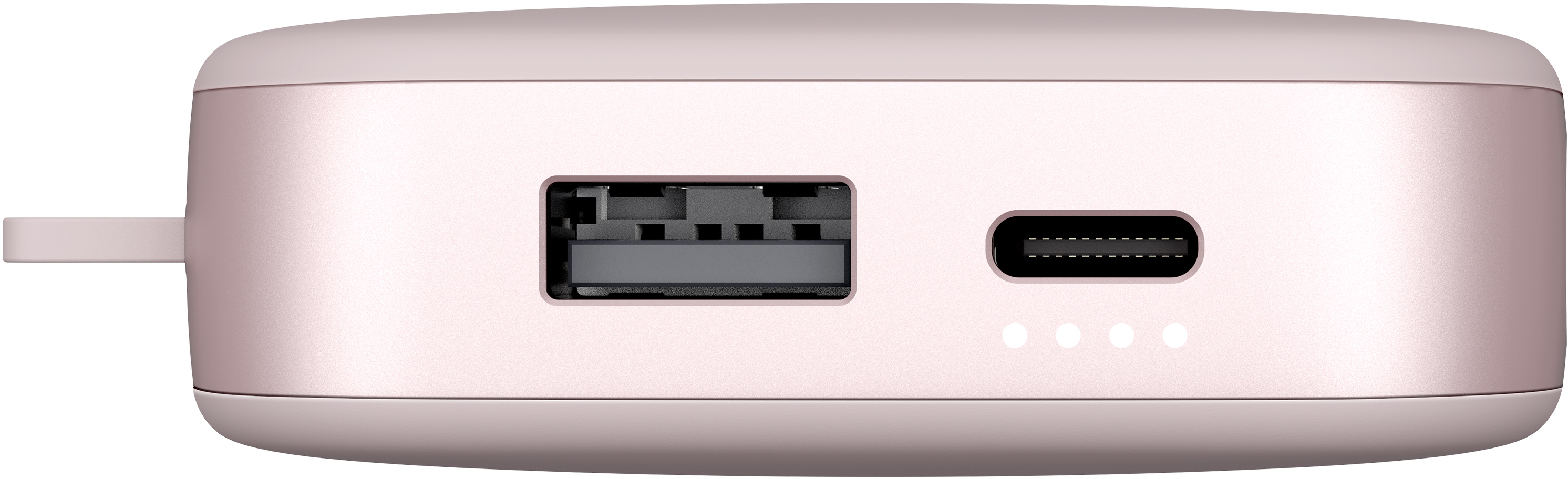 Eine rosa Powerbank mit USB-Anschluss, USB-C-Anschluss und einer Akkuanzeige mit vier weißen Punkten.