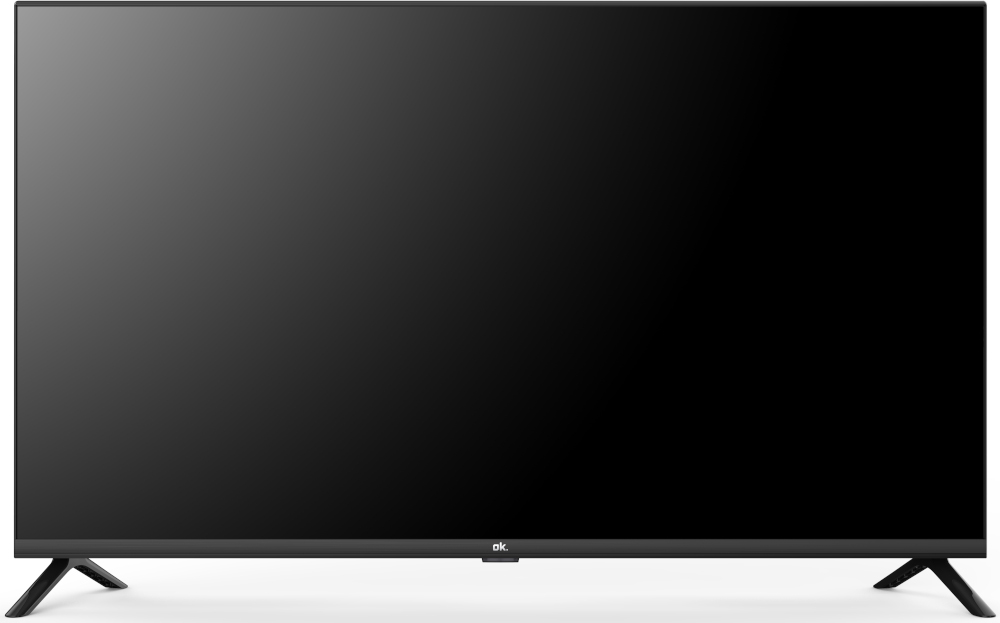 Een zwarte televisie met slanke poten staat op een witte achtergrond.